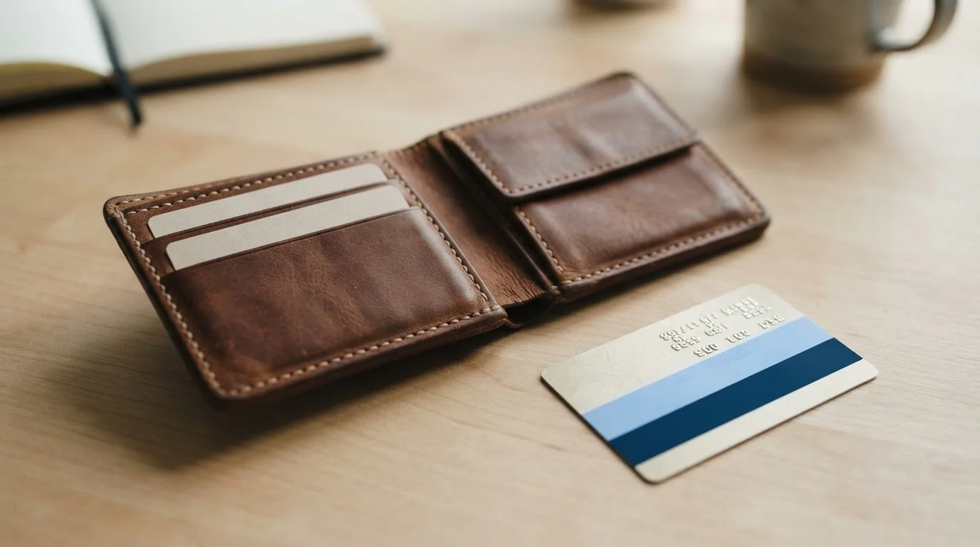 Eine lederne Geldbörse neben einer Bankkarte auf einer Tischplatte
