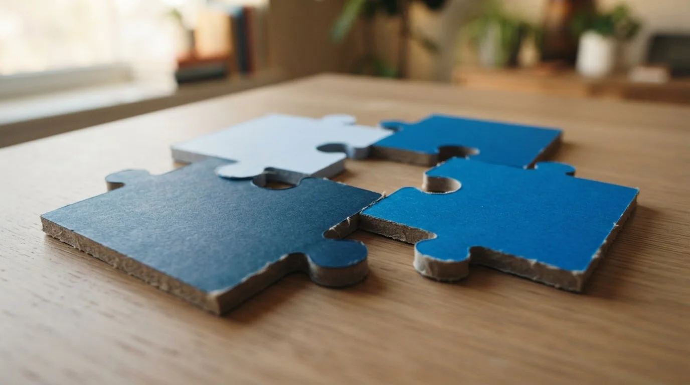 Vier farbige Puzzleteile auf einem aufgeräumten Schreibtisch