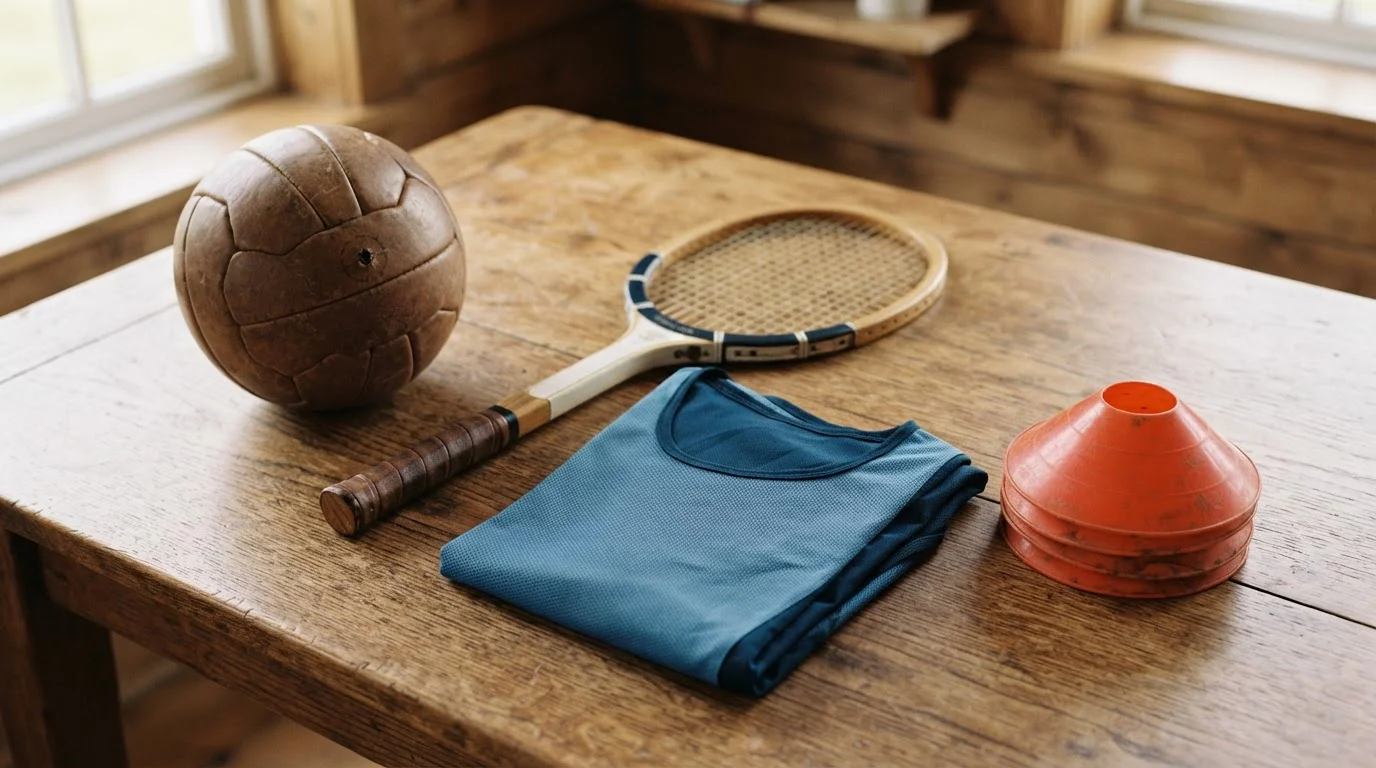 Fußball, Tennisschläger, Trainingsleibchen und Trainingshütchen auf einem Holztisch