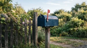 Briefkasten mit gehobener Fahne vor einem Gartenzaun