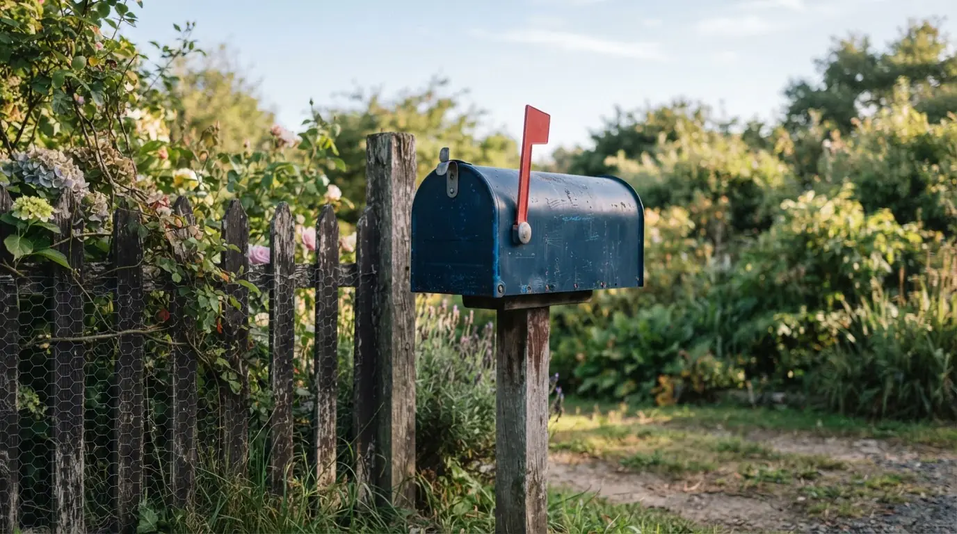 Briefkasten mit gehobener Fahne vor einem Gartenzaun