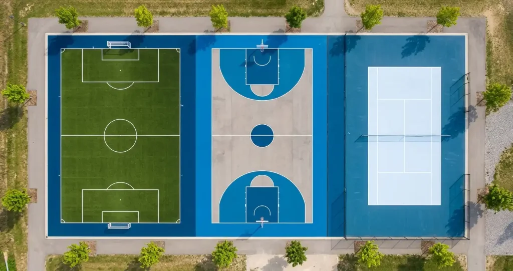 Fußballfeld, Basketballplatz und Tennisplatz aus der Vogelperspektive