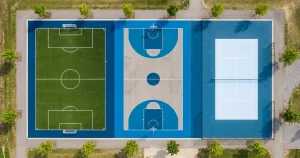 Fußballfeld, Basketballplatz und Tennisplatz aus der Vogelperspektive