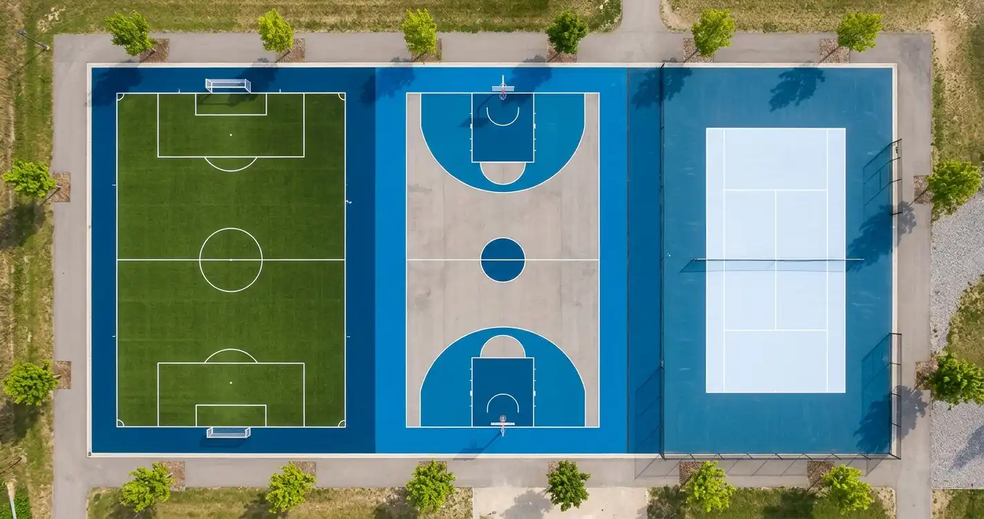 Fußballfeld, Basketballplatz und Tennisplatz aus der Vogelperspektive