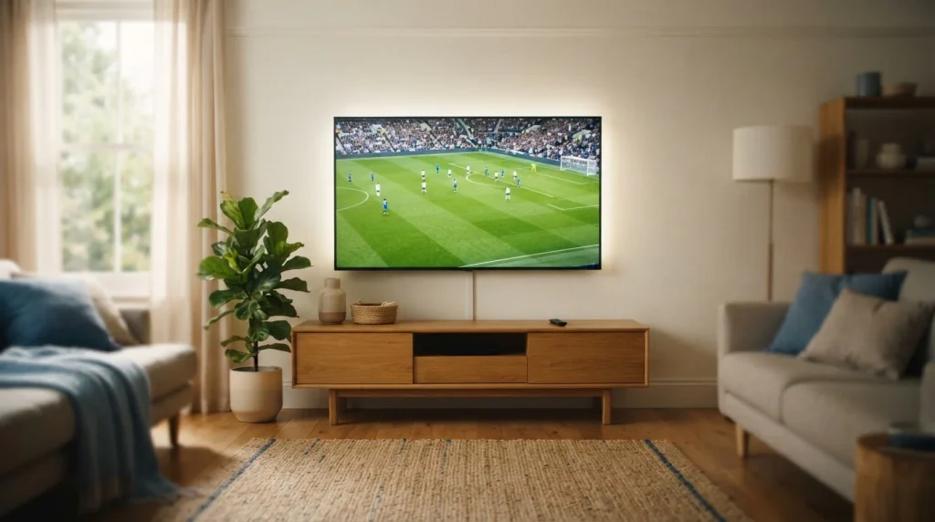 Fernseher mit beleuchtetem Fußballfeld in einem Wohnzimmer
