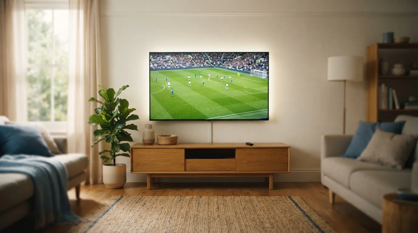 Fernseher mit beleuchtetem Fußballfeld in einem Wohnzimmer