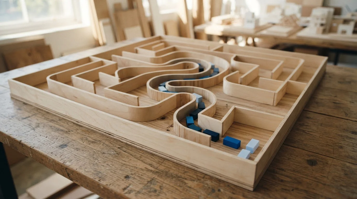 Kleines Labyrinth von oben mit einer farbig markierten Öffnung